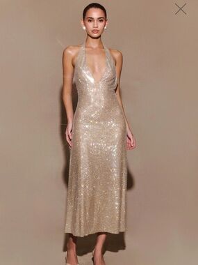Meshki Diamante Halter Midi Dress - Nude (always sold out on their website!)